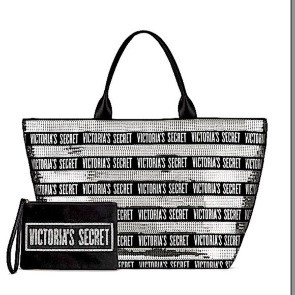 ✨ 🆕 ✨Victoria’s Secret VS Black & Silver Sequin Logo Tote Bag + Wristlet Set✨ - Picture 1 of 15